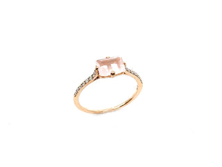 Anillo de oro rosa de 10 quilates, cuarzo rosa auténtico de 7 x 5 mm y diamante de 0,11 quilates, tamaño 6,5