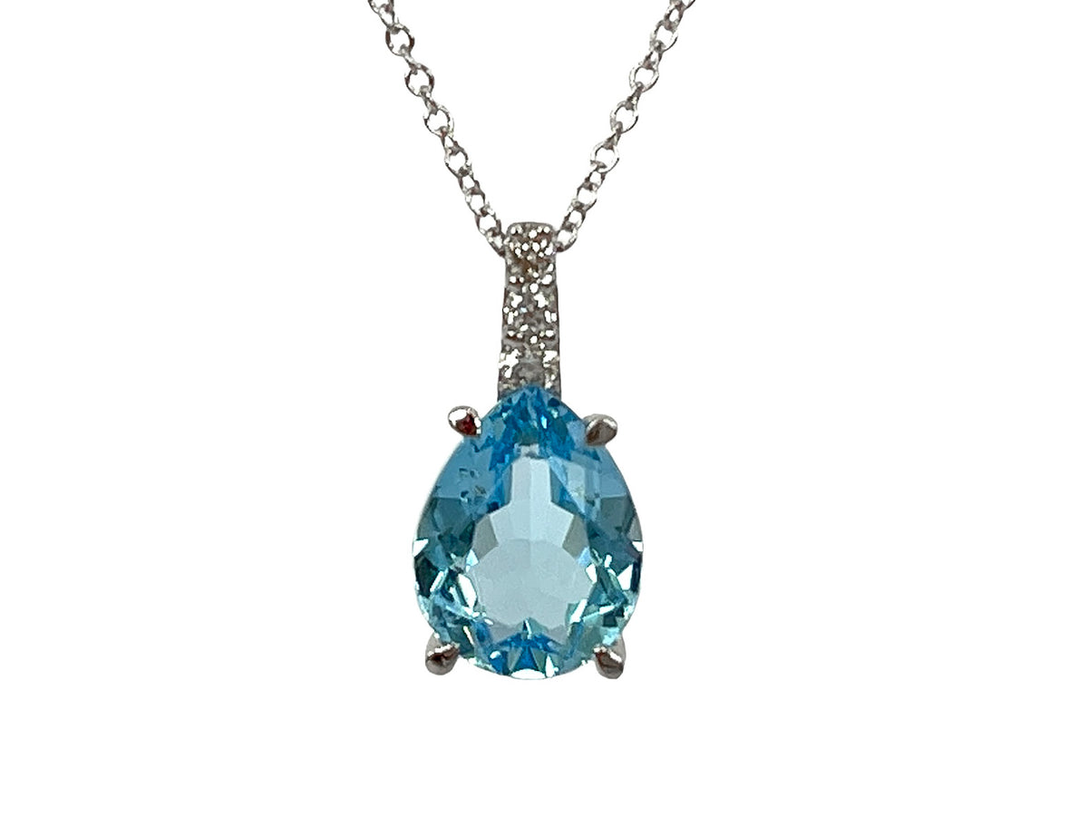 10K White Gold 9x7mm Pear Cut Swiss Blue Topaz and 0.059cttw Diamond Necklace - 18 Inches