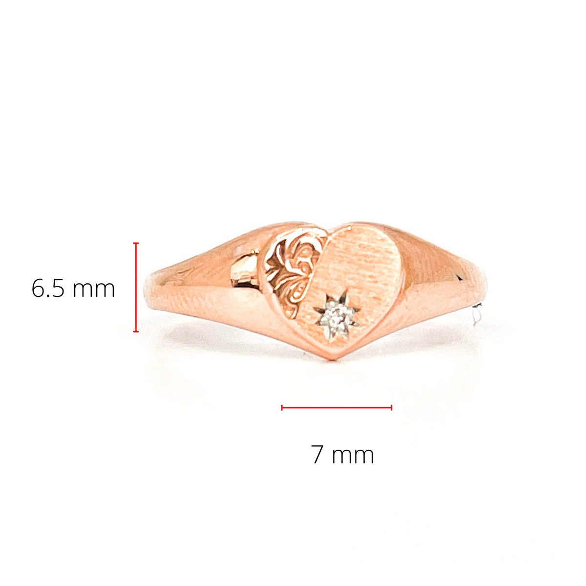 Anillo tipo sello con forma de corazón y diamantes de 0,01 quilates en oro rosa de 10 quilates, talla 6,5