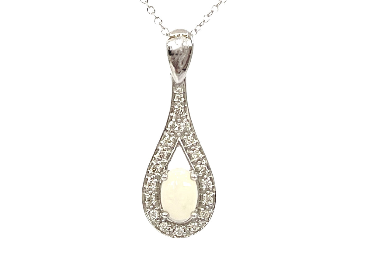 10K White Gold 6x4mm Oval Cut White Opal and 0.095cttw Diamond Pendant - 18 Inches