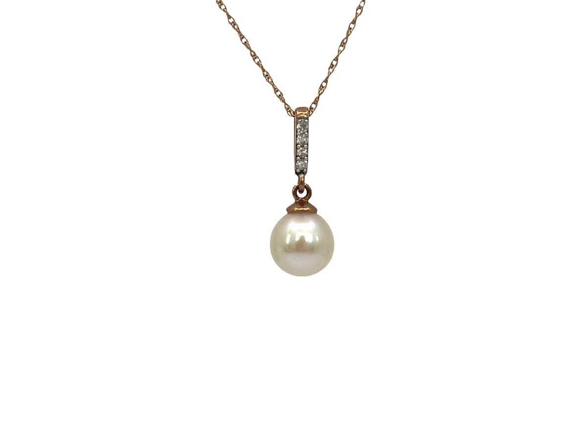 10K Rose Gold Fresh Water Pearl and Diamond Pendant, 18&quot;