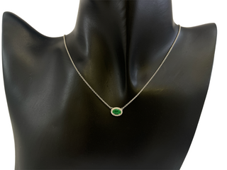 18K White Gold  Oval Cut Emerald and Diamond Halo Necklace, 16-18"