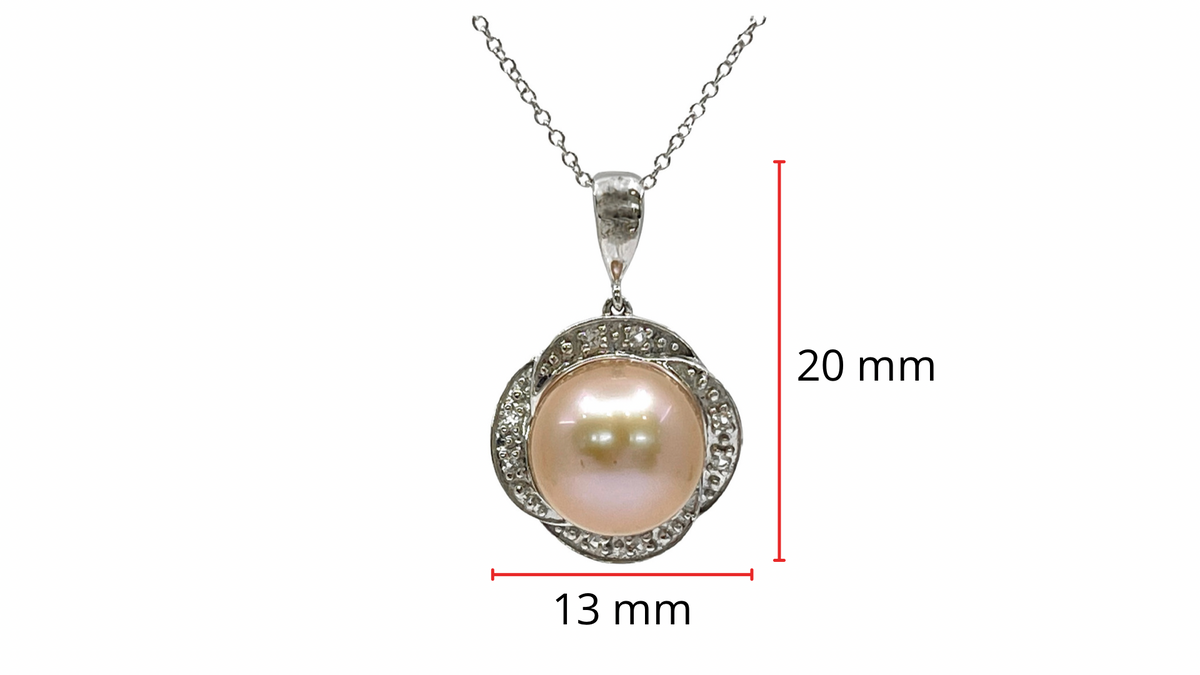 10K White Gold Pink Fresh Water Pearl and White Topaz Pendant, 18&quot;