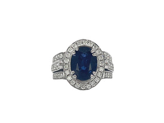 Anillo de oro blanco de 14 quilates con zafiro auténtico de talla ovalada de 3,55 quilates y diamante de 1,50 quilates, tamaño 6,5