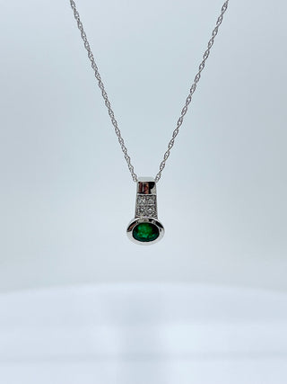 10K White Gold Genuine Emerald and Diamond Pendant, 18"