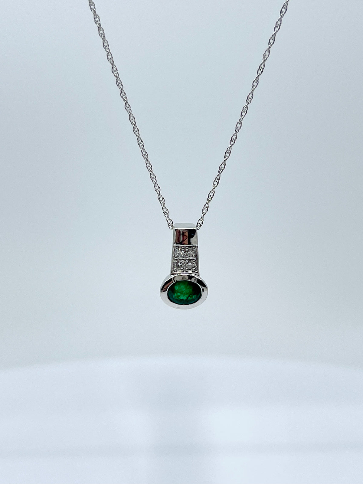 10K White Gold Genuine Emerald and Diamond Pendant, 18&quot;