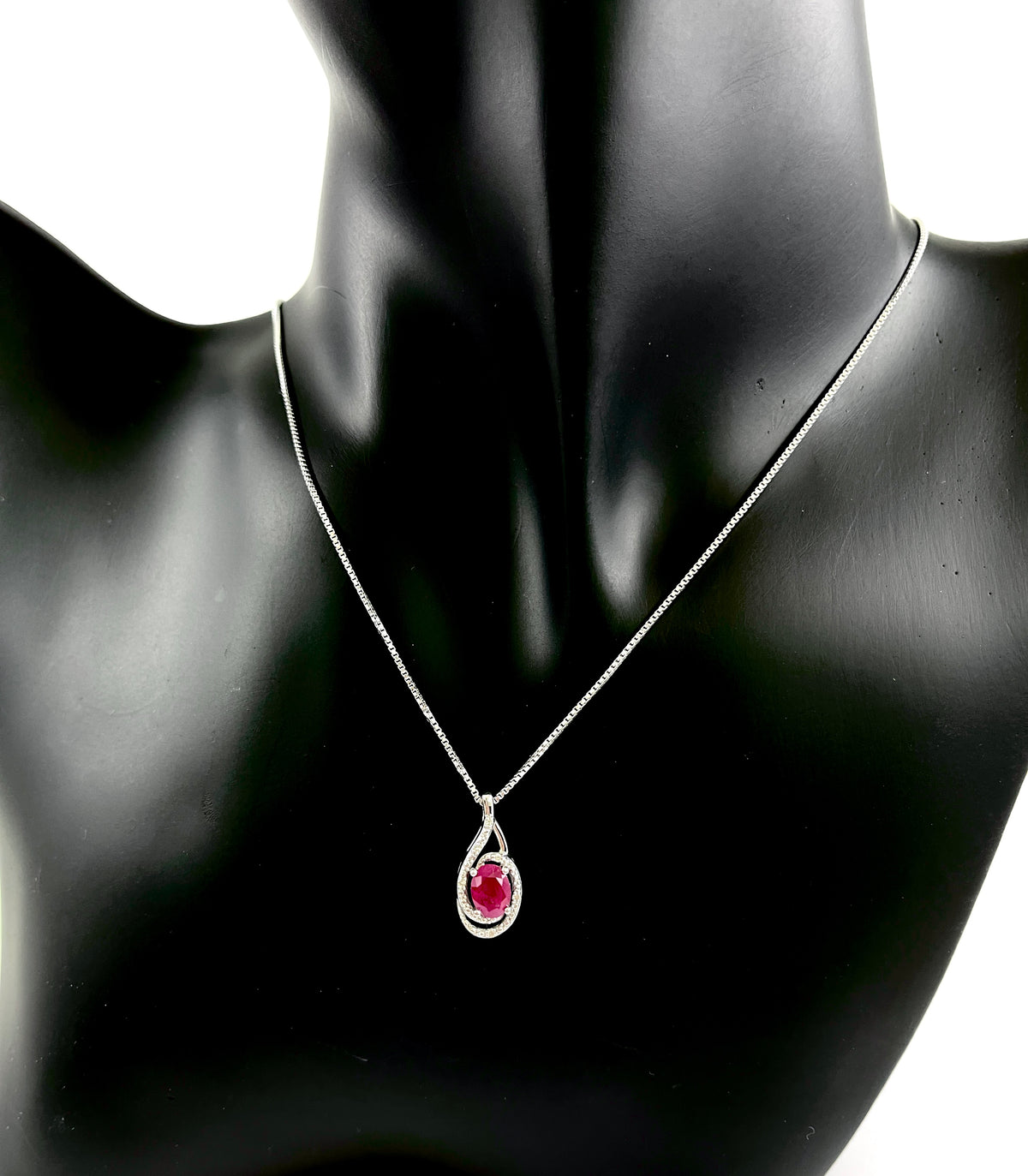 Silver Ruby Oval  0.75cttw &amp; Diamond 0.03cttw Necklace 18&quot;