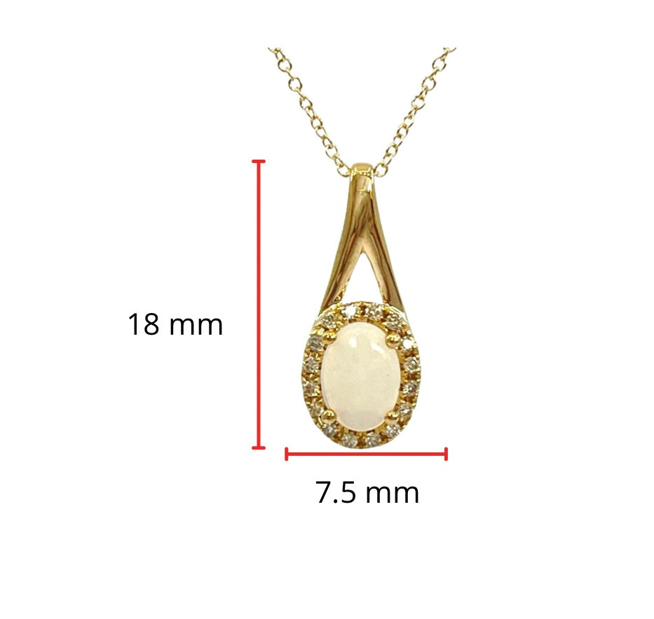 Colgante de oro amarillo de 10 quilates con ópalo blanco de talla ovalada de 7x5 mm y halo de diamantes de 0,08 quilates - 18 pulgadas
