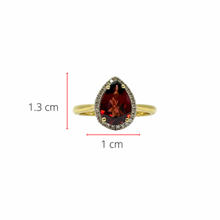 Anillo de oro amarillo de 10 quilates, granate en forma de pera de 10 x 7 mm y diamante de 0,135 quilates
