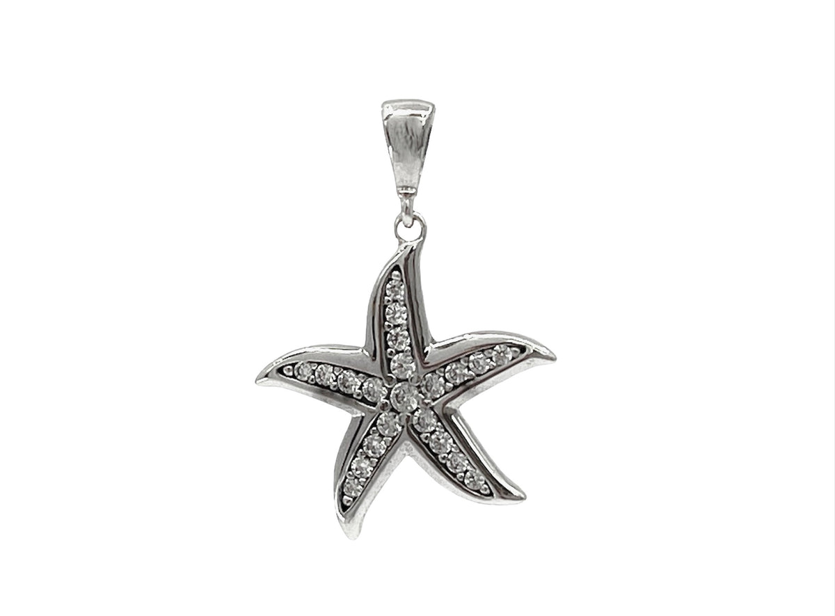 Dije de estrella de mar de oro blanco de 10 quilates con circonita cúbica: 23 mm x 17 mm