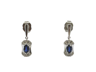 Pendientes colgantes de oro blanco de 10 quilates con zafiro auténtico de 0,55 quilates y diamantes de 0,04 quilates