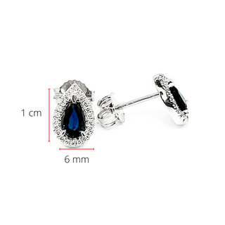 Pendientes con halo en forma de pera de oro blanco de 10 quilates con zafiro genuino de 0,60 quilates y diamantes de 0,11 quilates
