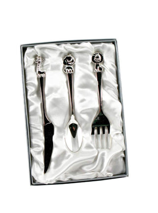 Juego de cubiertos para bebé con temática animal bañada en plata de 3 piezas