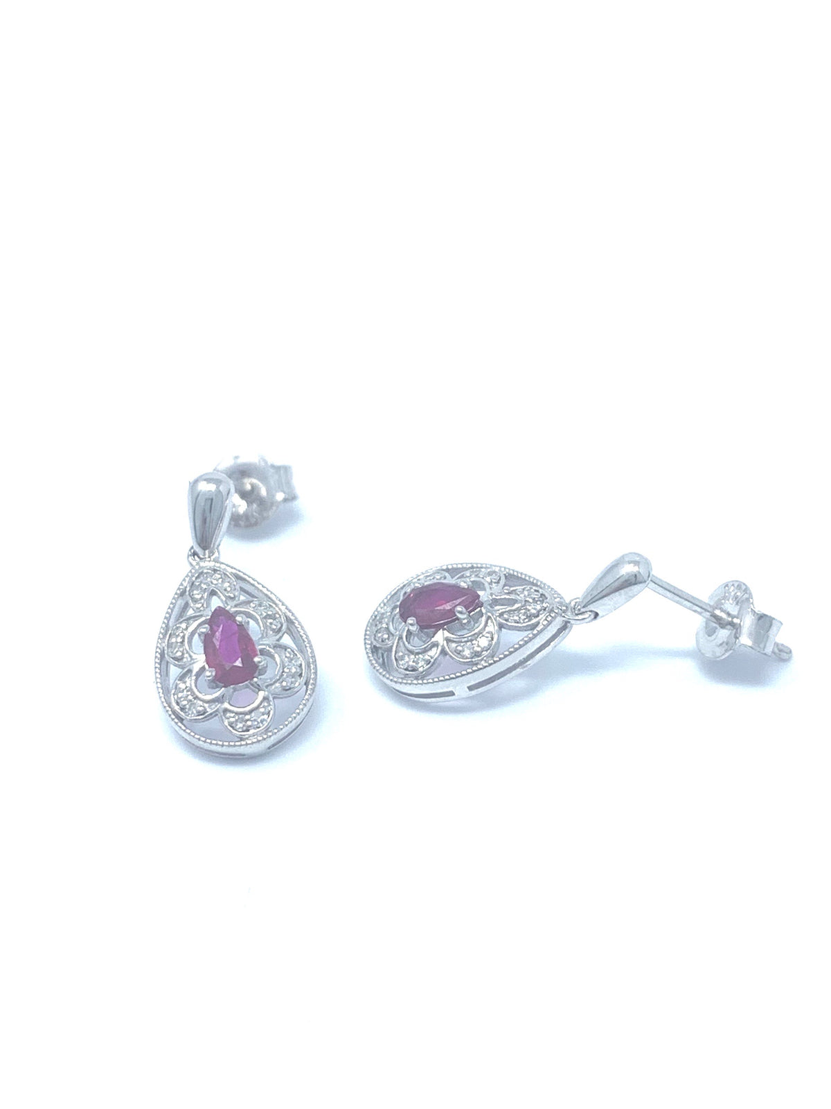 10K White Gold 0.55cttw Genuine Ruby and 0.11cttw Diamond Earrings