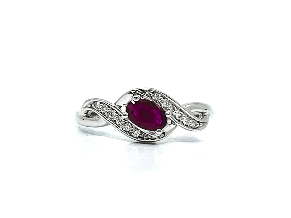 10K White Gold 0.09cttw Diamond with 0.60cttw Ruby Ring - Size 6.5