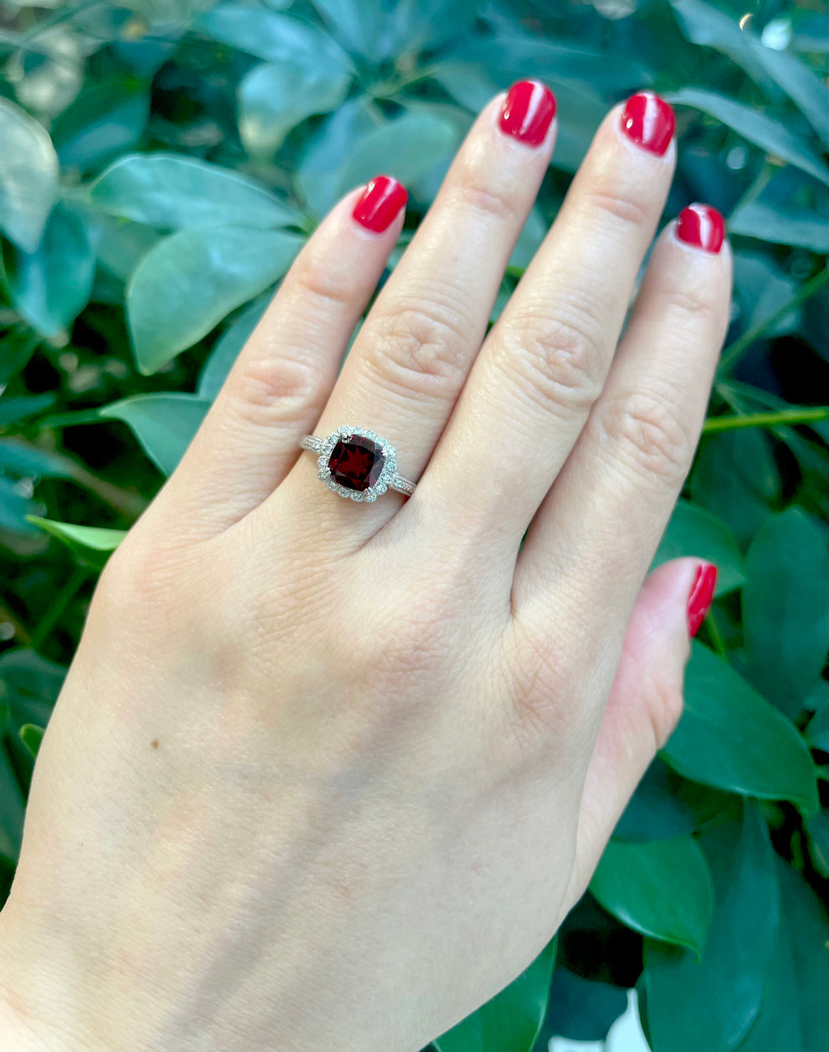 10K White Gold Garnet and 0.07cttw Diamond Ring