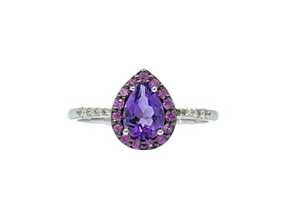 Anillo de oro blanco de 10 quilates con amatista, zafiro rosa y diamantes de 0,65 quilates