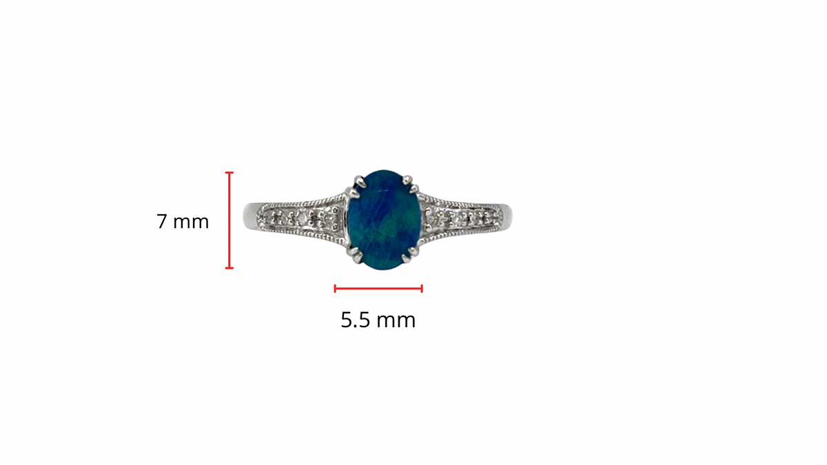 10K White Gold 1.00cttw Genuine Australian Doublet Opal and 0.04cttw Diamond Ring, size 7