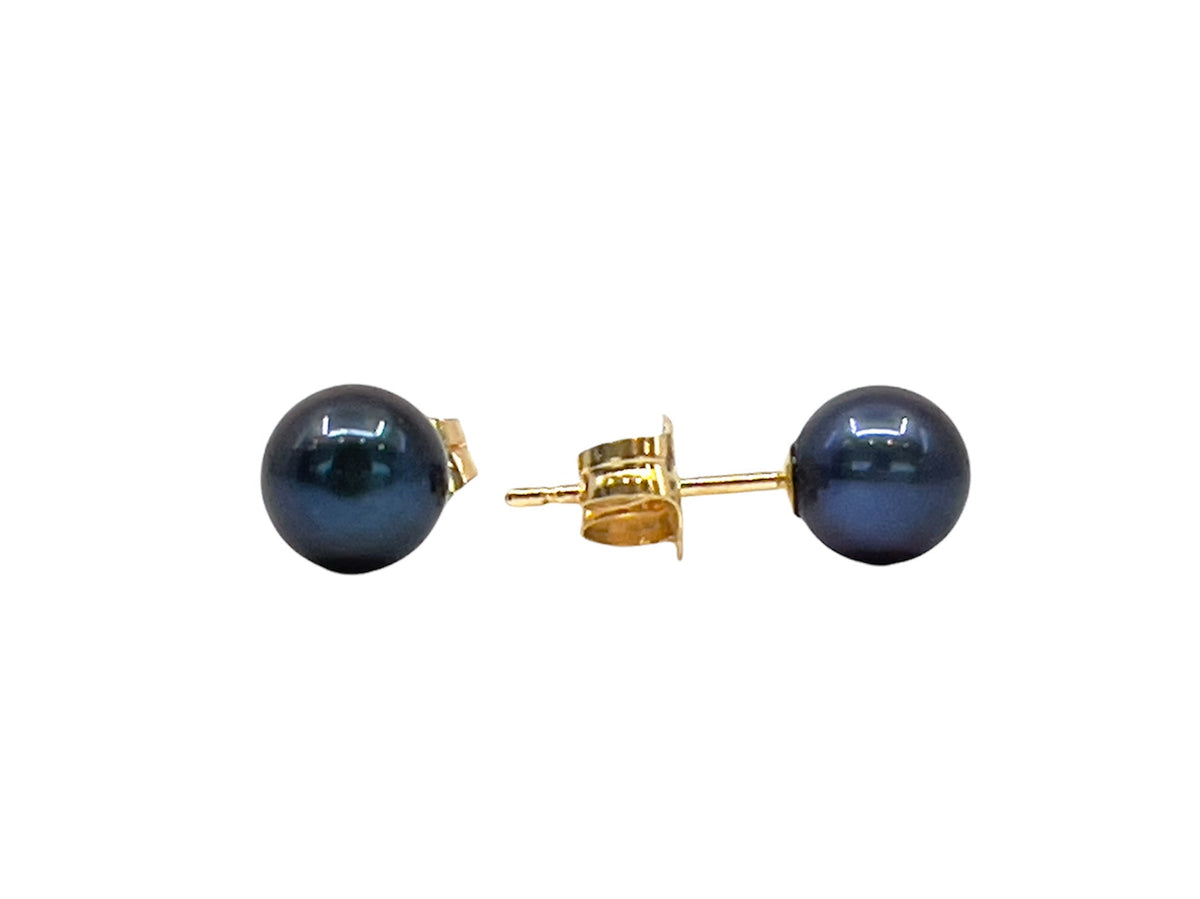14K Yellow Gold 7.5-8mm Cultured Black Pearl Earrings with Butterfly Backs