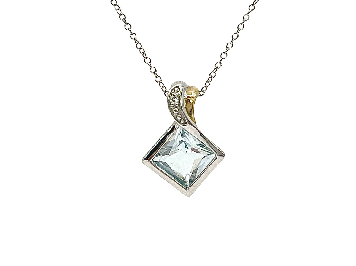10K White and Yellow Gold 6mm Princess Cut Aquamarine and 0.005cttw Diamond Pendant, 18&quot;
