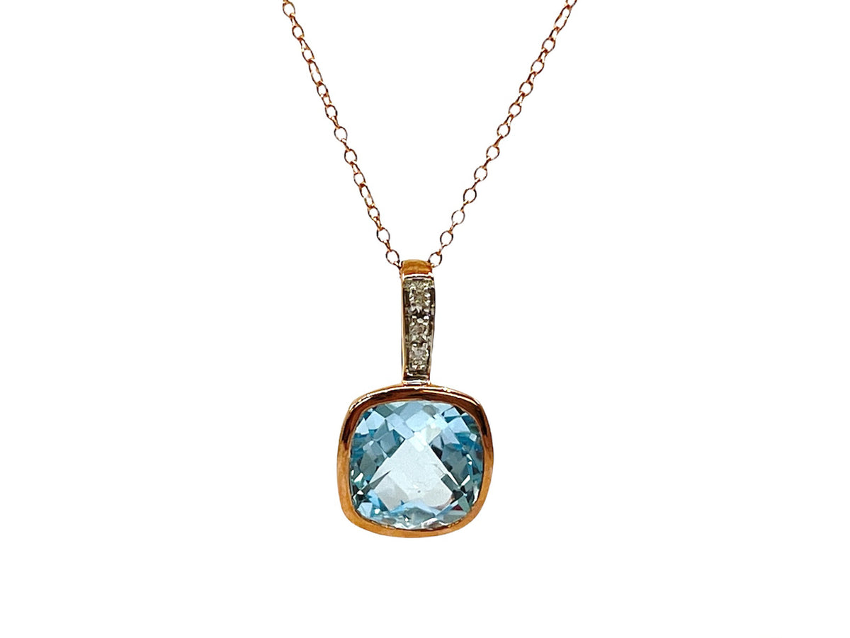 10K Rose Gold 8mm Cushion Cut Sky Blue Topaz and 0.015cttw Diamond Pendant - 18 Inches