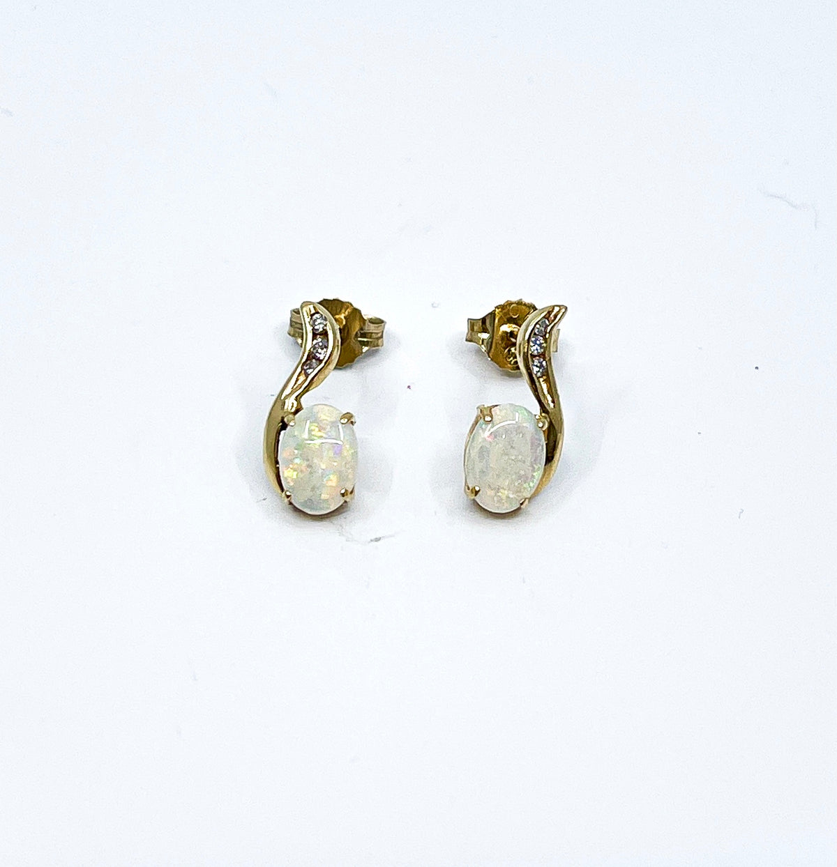 14K Yellow Gold Opal and 0.06cttw Diamond Stud Earrings