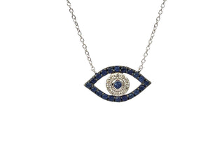 Colgante de mal de ojo con diamantes y zafiros en oro blanco de 10 quilates, 18"