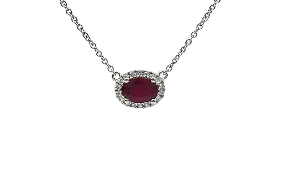 18K White Gold Ruby and Diamond Halo Necklace, 16-18&quot;