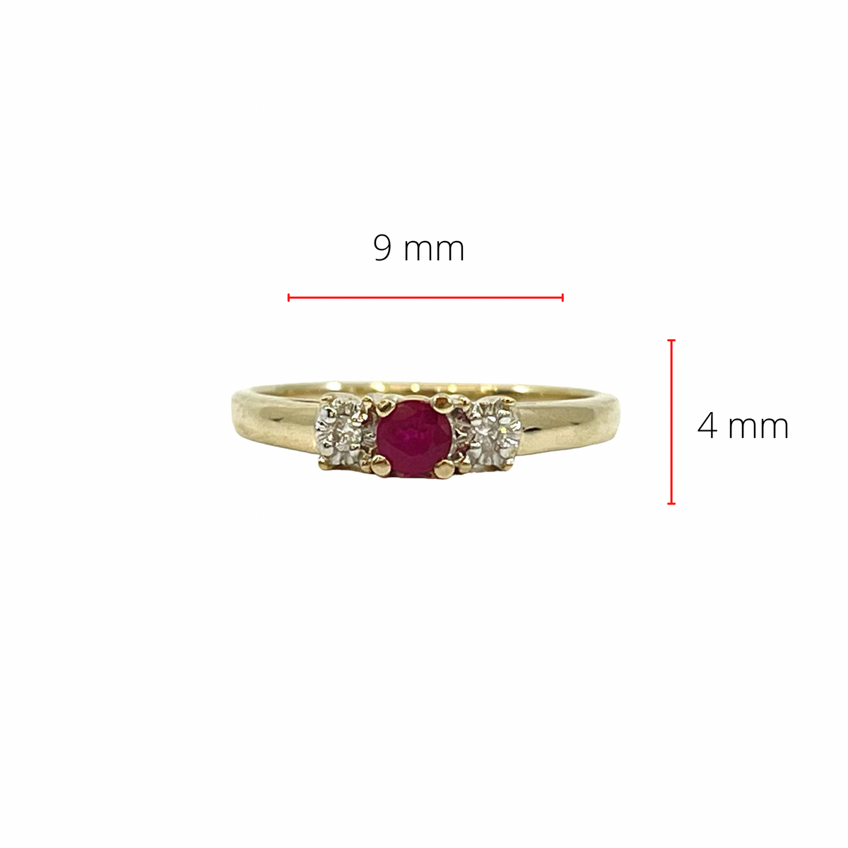 10K Yellow Gold Ruby and Diamond 3 Stone Ring - Size 6