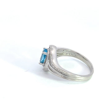 Anillo de plata de ley 925 con topacio azul de 7 x 5 mm y diamante de 0,03 quilates, talla 6