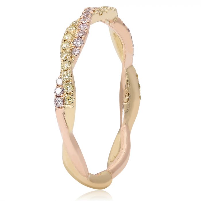 Anillo de diamantes rosa y amarillo natural ondulado de oro amarillo y rosa de 14 quilates