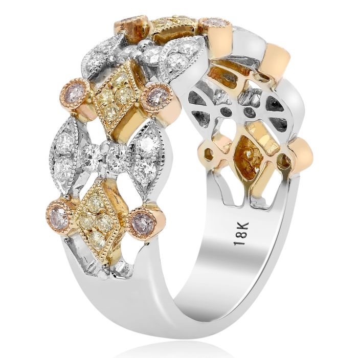 18K Tricolor Fancy Yellow, Pink and White Diamonds Geometric Band