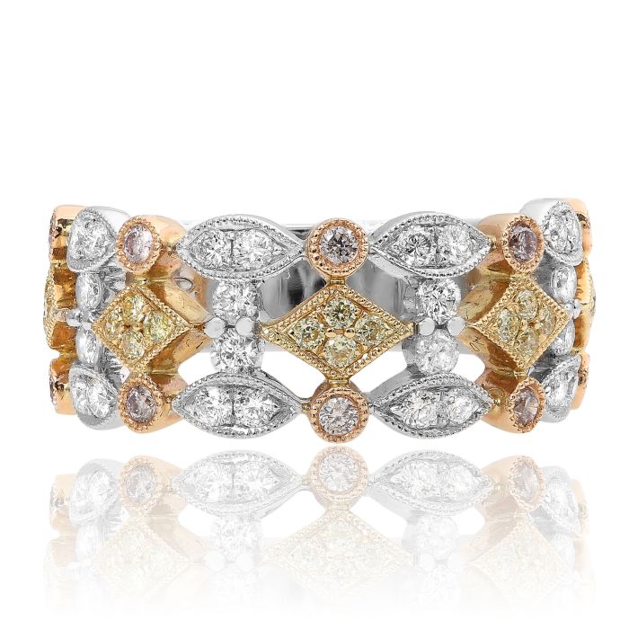 18K Tricolor Fancy Yellow, Pink and White Diamonds Geometric Band