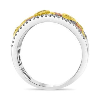 18K Tricolor Fancy Yellow, Pink and White Diamonds Wedding Band with Floral Design