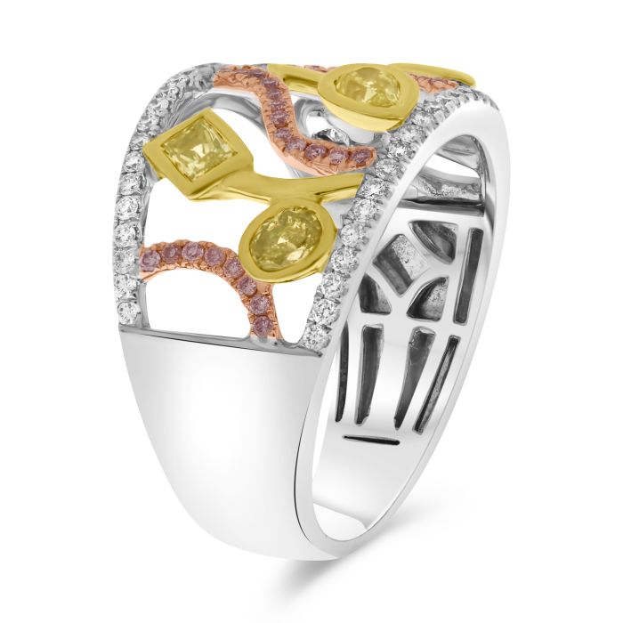 18K Tricolor Fancy Yellow, Pink and White Diamonds Wedding Band with Floral Design