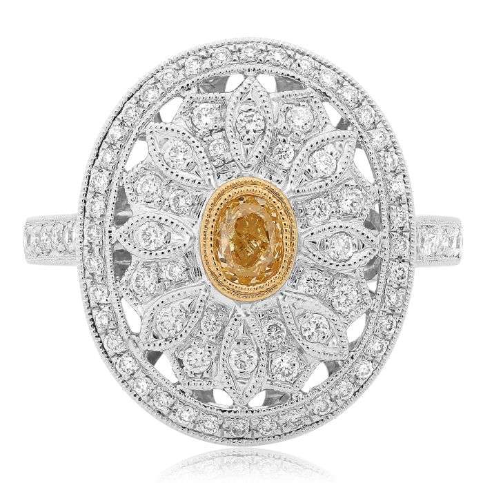 Anillo en racimo antiguo de diamantes amarillos y blancos naturales de talla ovalada en oro de 18 quilates en 2 tonos