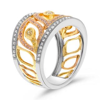18K Tricolor Fancy Yellow, Pink and White Diamonds Band