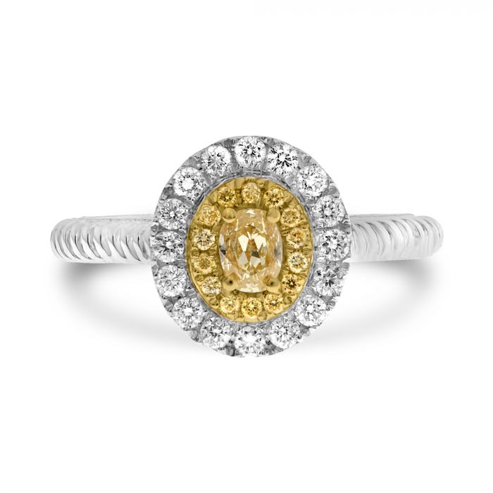 18K 2 Tone Gold Oval Cut Natural Fancy Yellow and White Diamond Braided Shank Cluster Ring