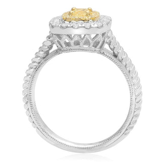 18K 2 Tone Gold Cushion Cut Natural Fancy Yellow and White Diamond Braided Shank Cluster Ring