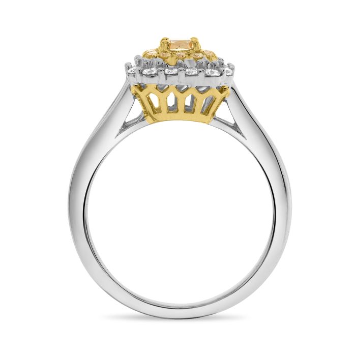 Anillo de halo doble con montura tipo catedral de diamantes amarillos y blancos naturales de talla cojín en oro de 18 quilates en dos tonos