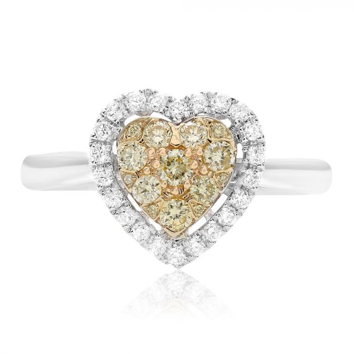 18K 2 Tone Gold Heart-shaped Natural Fancy Yellow and White Diamond Cluster Ring