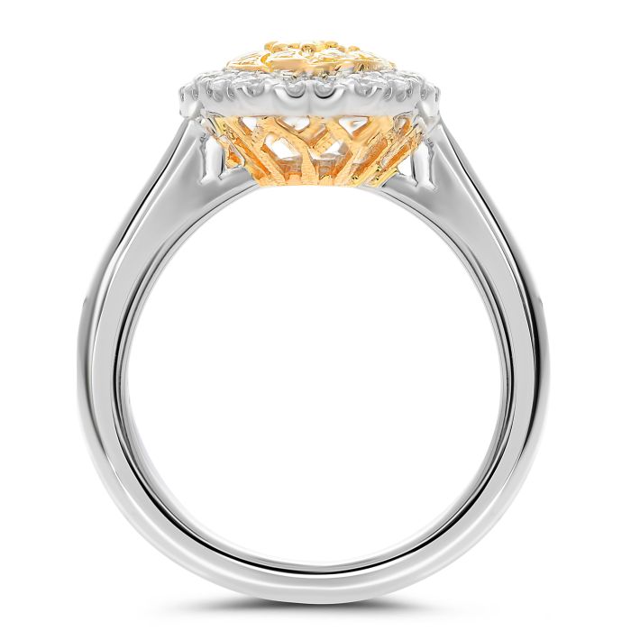 18K 2 Tone Gold Oval-shaped Natural Fancy Yellow and White Diamond Cluster Ring