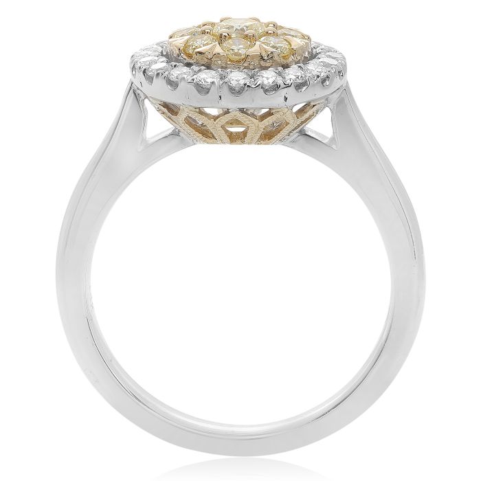 Anillo en racimo de diamantes amarillos y blancos de fantasía natural de forma redonda en oro de 18 quilates en 2 tonos