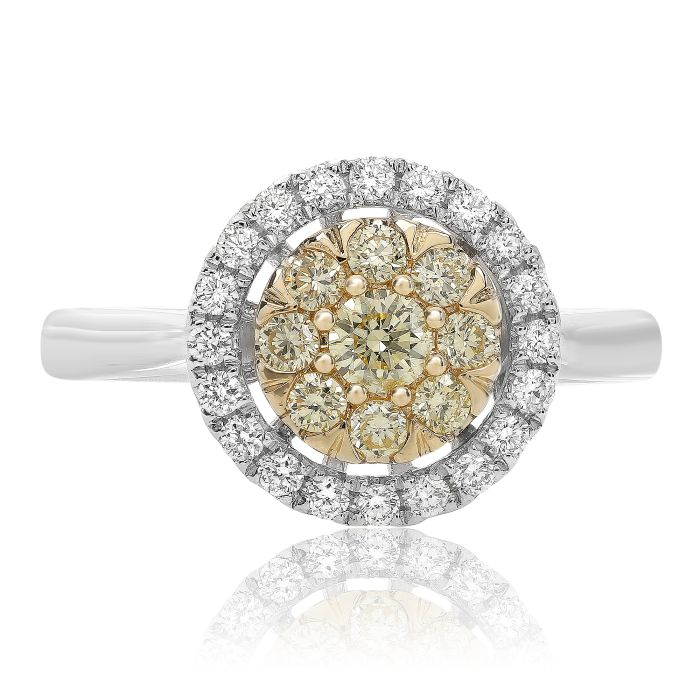 18K 2 Tone Gold Round-shaped Natural Fancy Yellow and White Diamond Cluster Ring