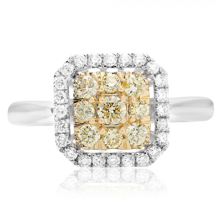 18K 2 Tone Gold Princess Cut / Square-shaped Natural Fancy Yellow and White Diamond Cluster Ring
