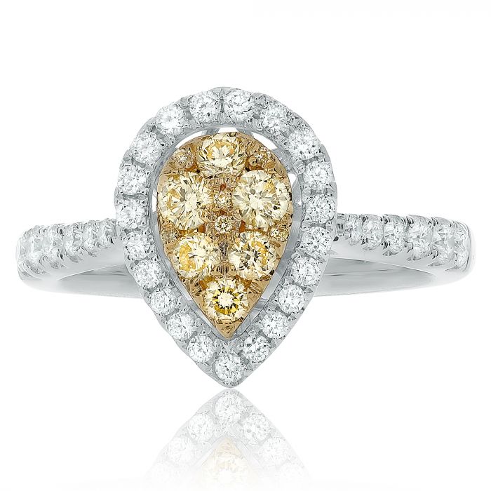 18K 2 Tone Gold Pear-shaped Natural Fancy Yellow and White Diamond Cluster Ring