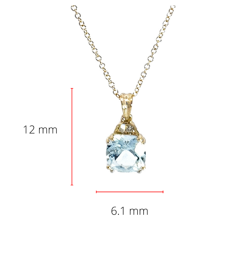 10K Yellow Gold 6.0mm Cushion Cut Aquamarine &amp; 0.01cttw Diamond Pendant - 18&quot;