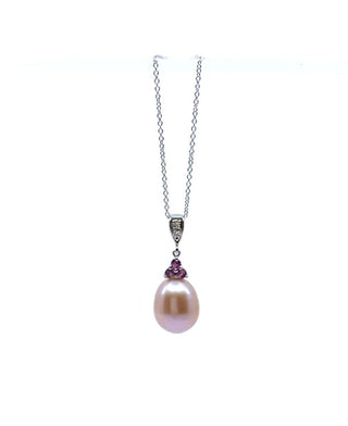 10K White Gold Fresh Water Pearl, Pink Sapphire & Diamond Pendant