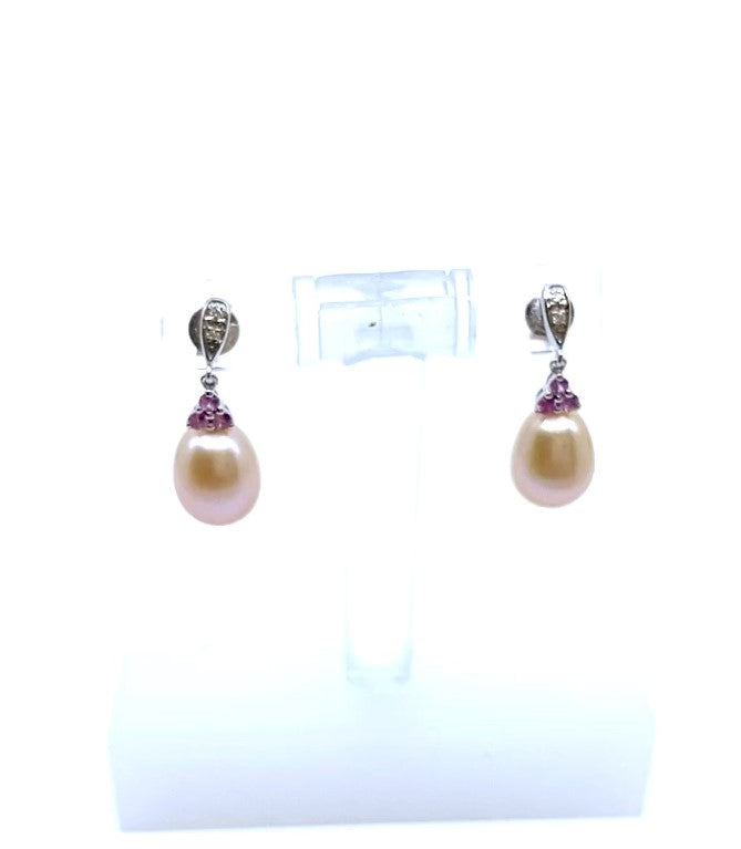 Freshwater Pearl, Pink Sapphire &amp; Diamond Earrings