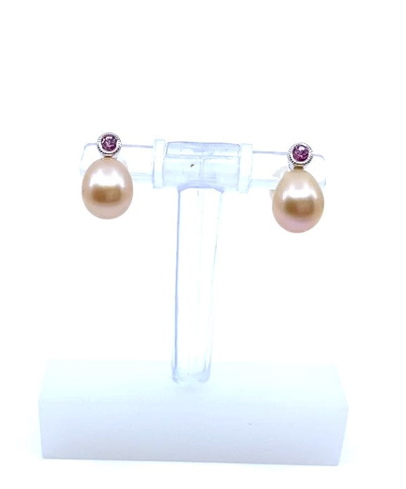 10K White Gold Fresh Water Pearl &amp; Pink Sapphire Earrings